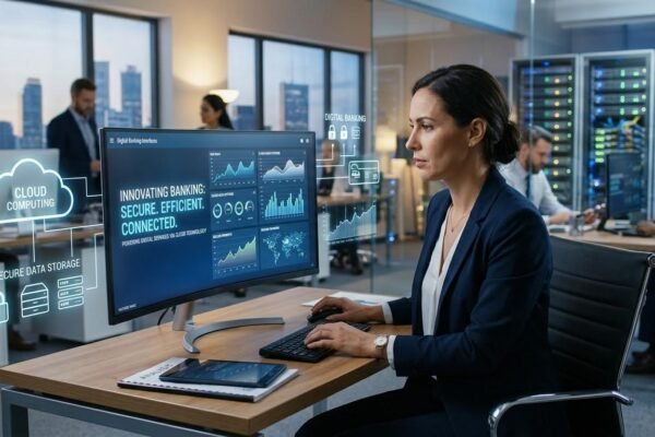 Cloud computing technology supporting secure and efficient digital banking services.