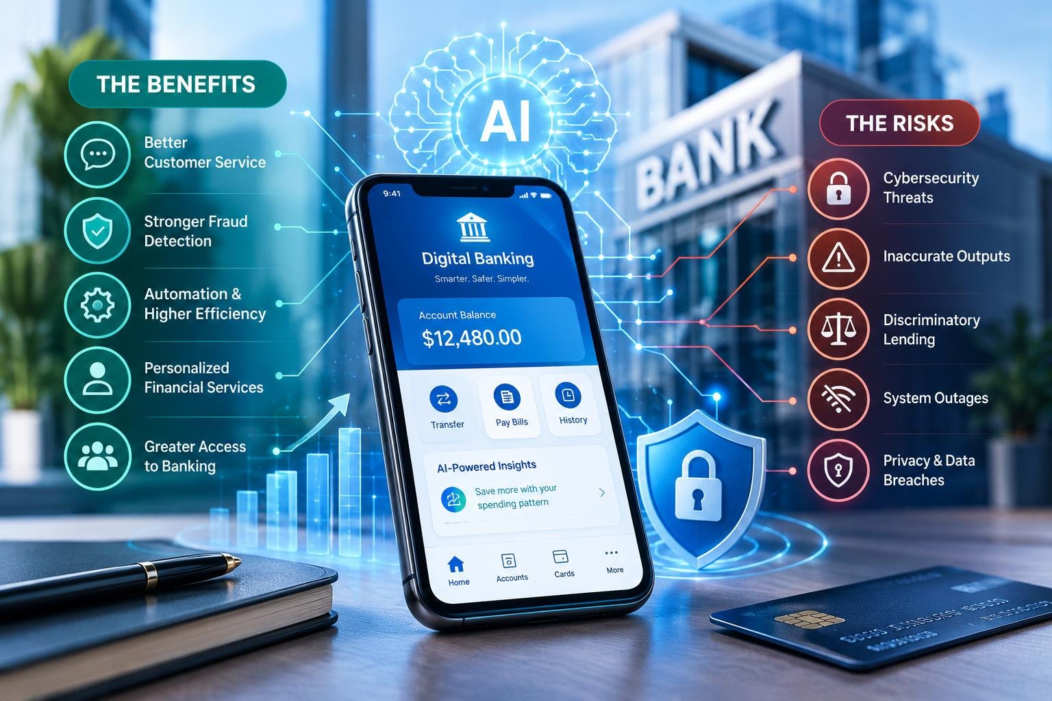 Benefits and risks of artificial intelligence in digital banking, featuring smart banking technology and cybersecurity symbols.