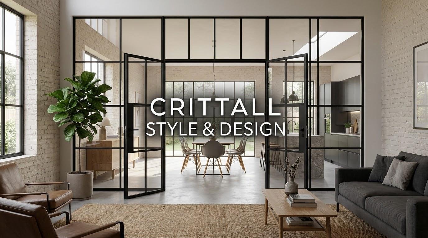 Modern black-framed Crittall doors and glass partitions in a contemporary interior.