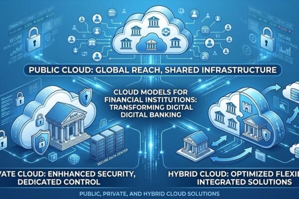 Public, private and hybrid cloud computing models for financial institutions and digital banking.
