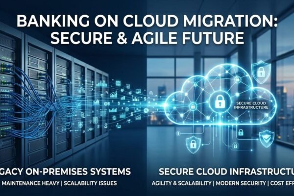 Cloud migration for banks showing the transition from legacy banking systems to secure cloud infrastructure.