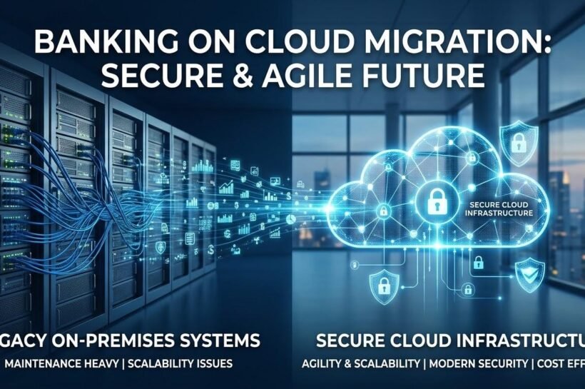 Cloud migration for banks showing the transition from legacy banking systems to secure cloud infrastructure.