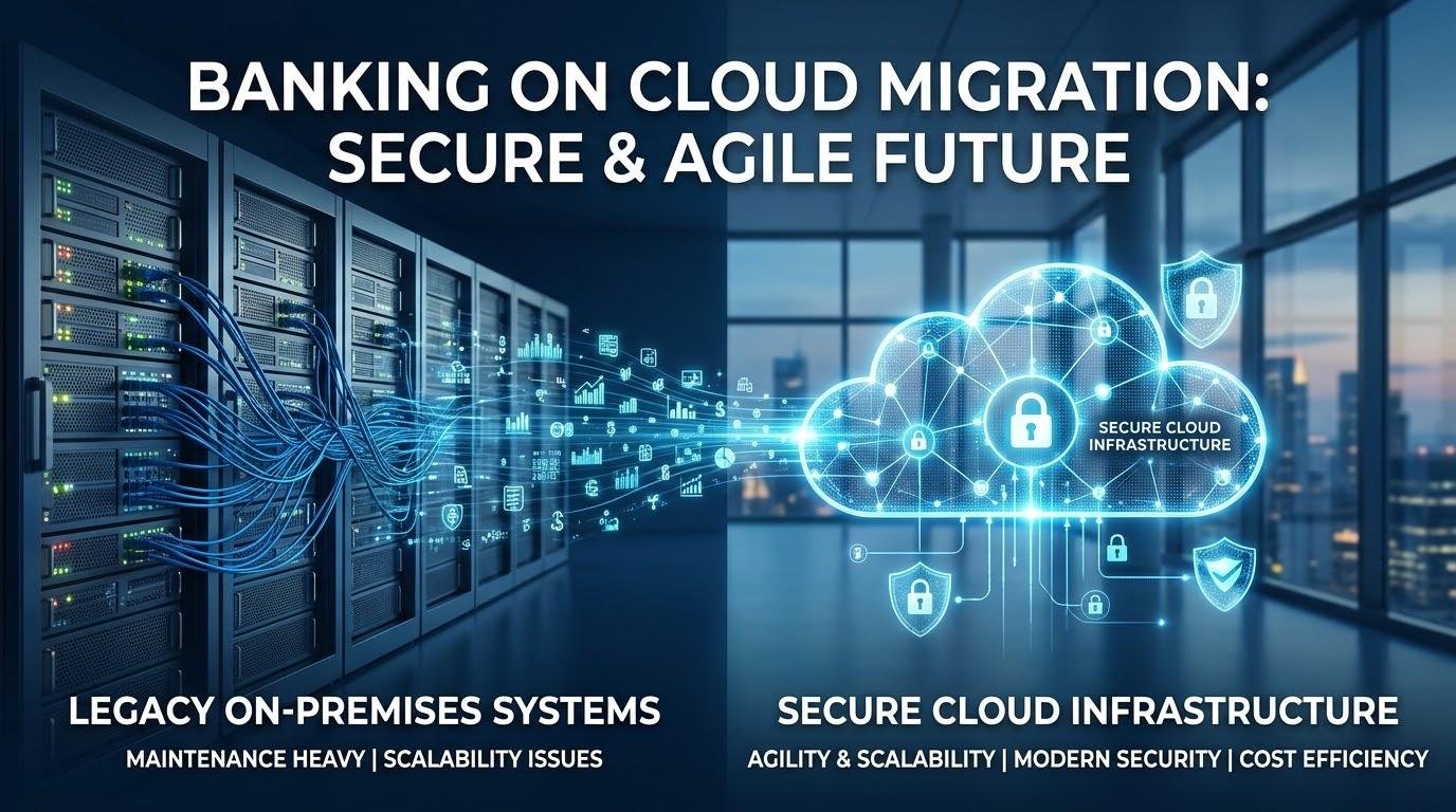 Cloud migration for banks showing the transition from legacy banking systems to secure cloud infrastructure.