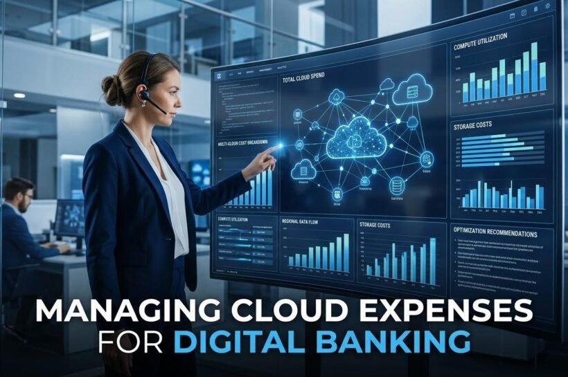Cloud computing cost management dashboard showing financial data and digital banking infrastructure.