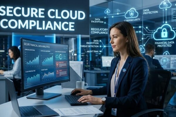 Cloud compliance in financial services showing secure cloud computing, financial data protection, and digital banking technology.