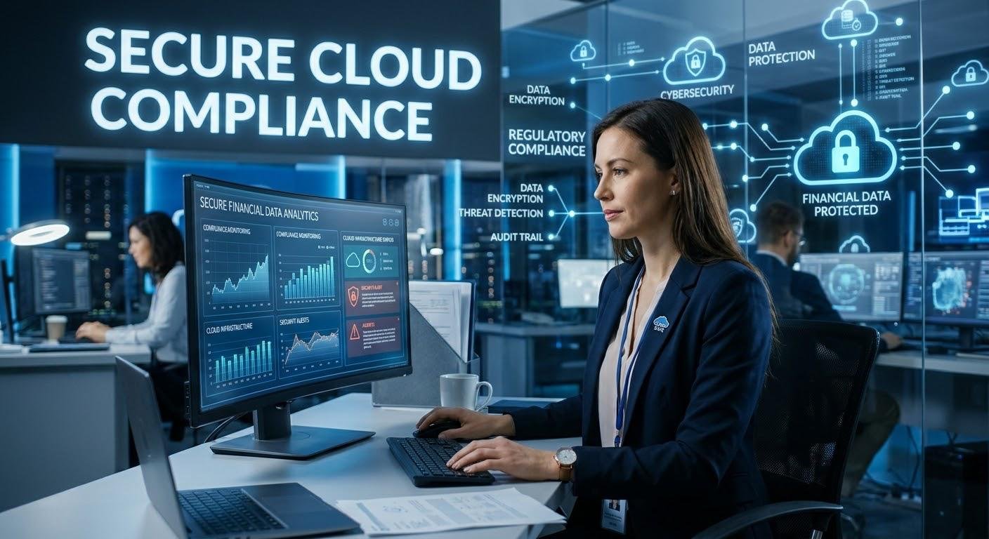 Cloud compliance in financial services showing secure cloud computing, financial data protection, and digital banking technology.