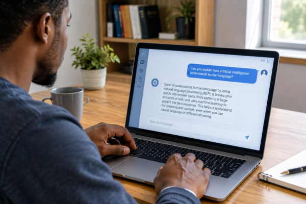 How AI understands human language through a natural conversation with a laptop-based AI assistant.