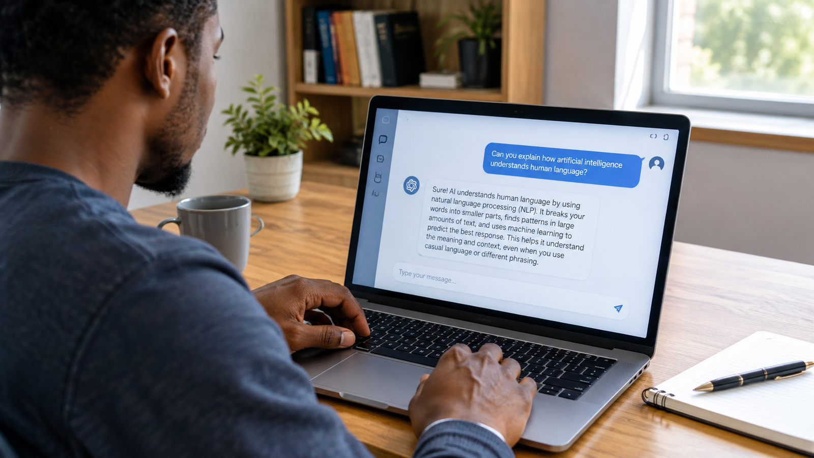 How Artificial Intelligence Understands Human Language 3 How AI understands human language through a natural conversation with a laptop-based AI assistant.