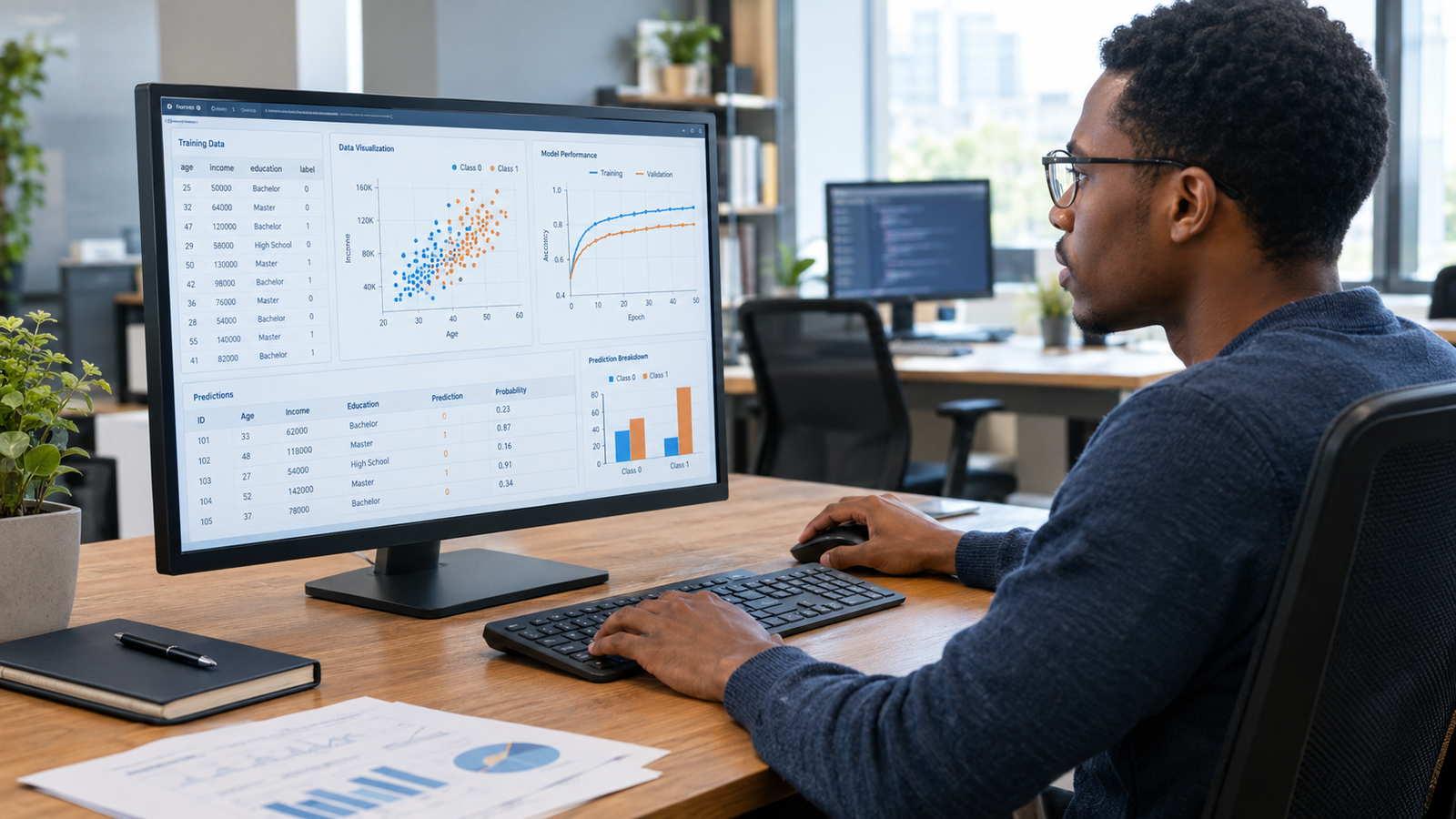 How machine learning works, illustrated by a data scientist examining training data, model charts, and predictions on a computer.