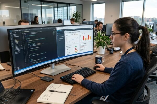 Windows application security with a developer reviewing code and vulnerability reports.