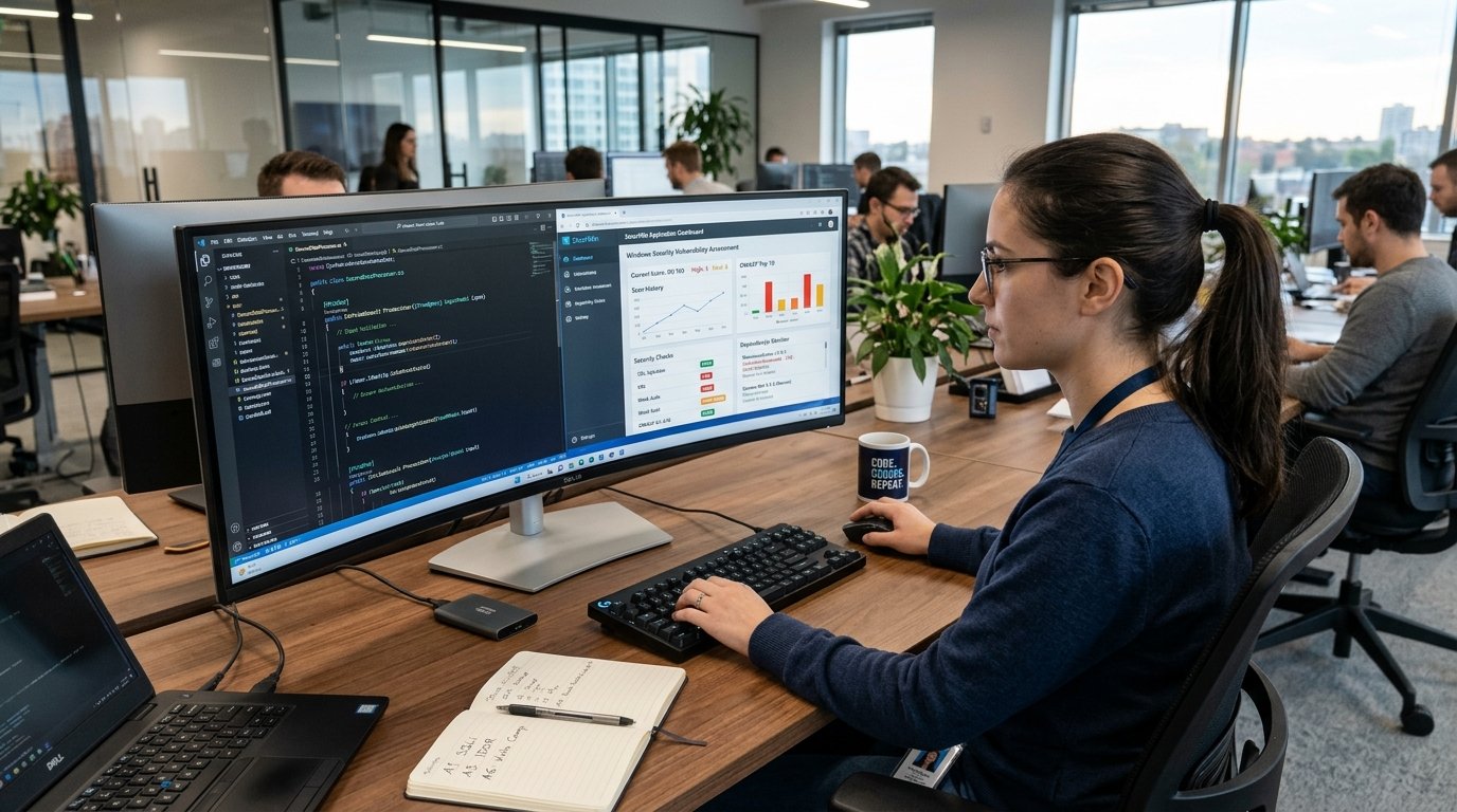 Windows Application Security: Common Programming Vulnerabilities and How to Prevent Them 4 Windows application security with a developer reviewing code and vulnerability reports.