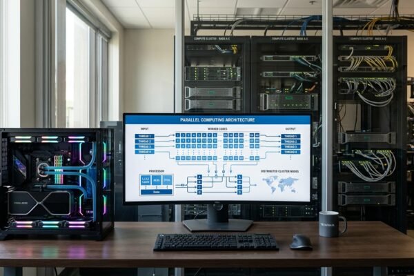 Modern computing hardware illustrating parallel computing architectures, including CPUs, GPUs, and connected servers