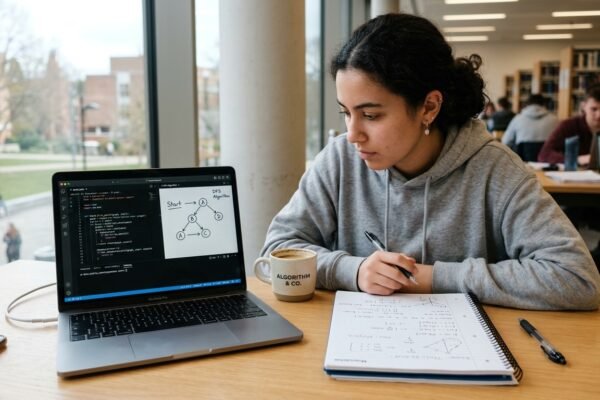 Computer science student designing an algorithm on a laptop while reviewing handwritten notes.