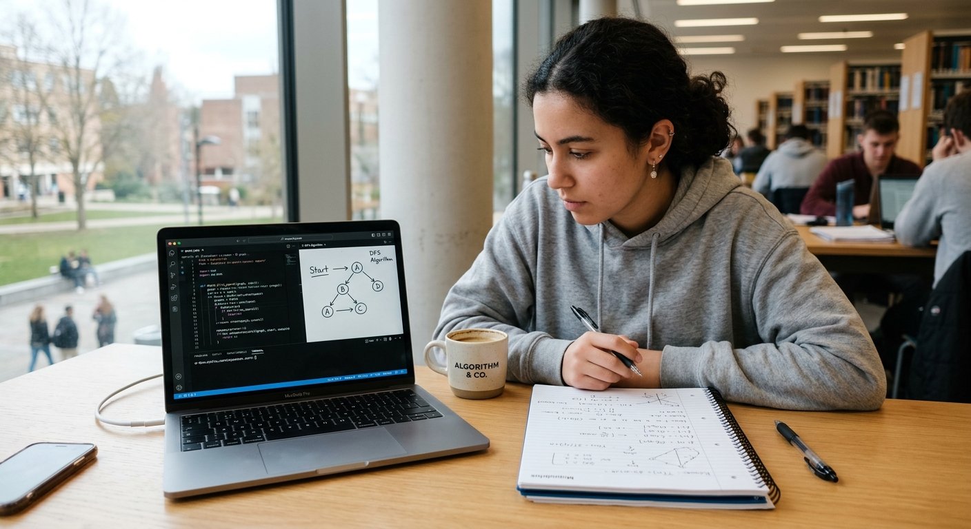 Computer science student designing an algorithm on a laptop while reviewing handwritten notes.