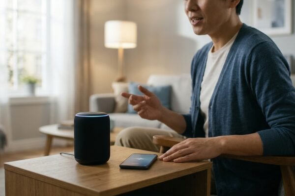 How voice assistants work as a user speaks to a smart speaker beside a smartphone.