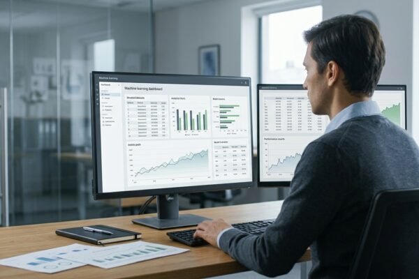 How machine learning works through AI training, data analysis, and predictions at a data scientist's workstation.
