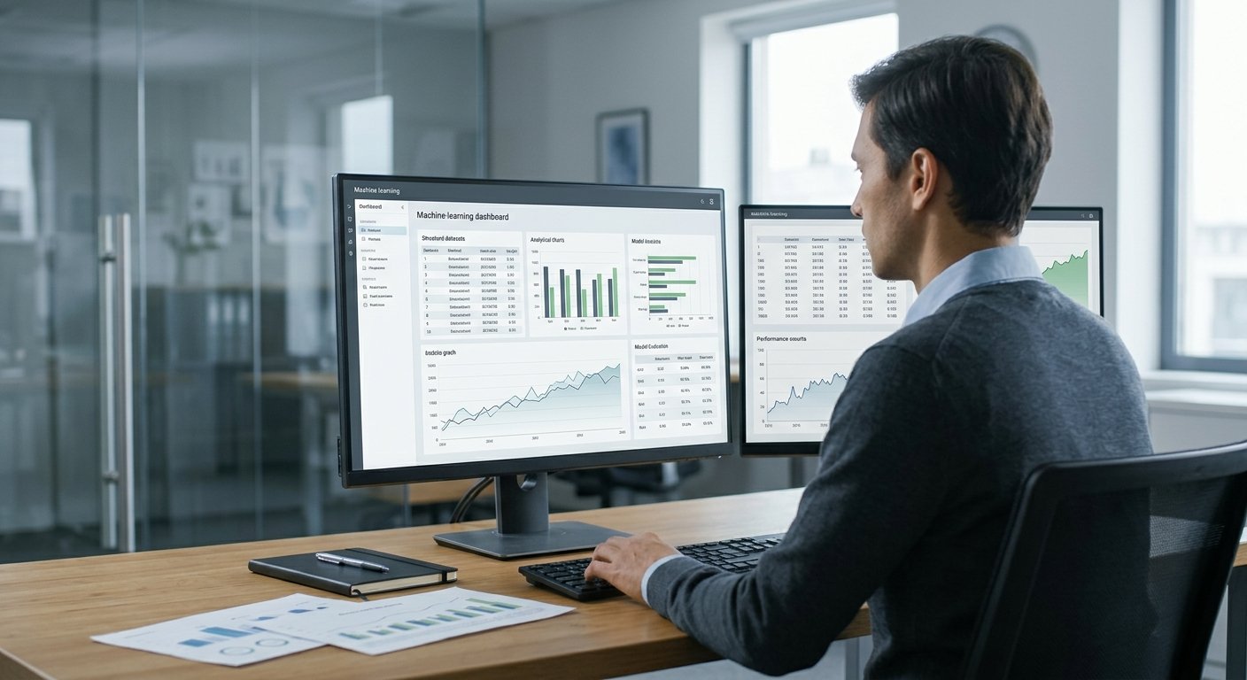 How Machine Learning Works: A Beginner’s Guide to AI Training and Predictions 3 How machine learning works through AI training, data analysis, and predictions at a data scientist's workstation.