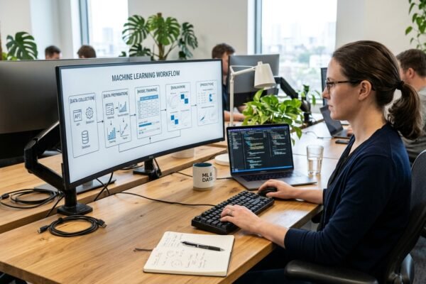 Machine learning workflow showing data processing, model training, evaluation, and prediction.
