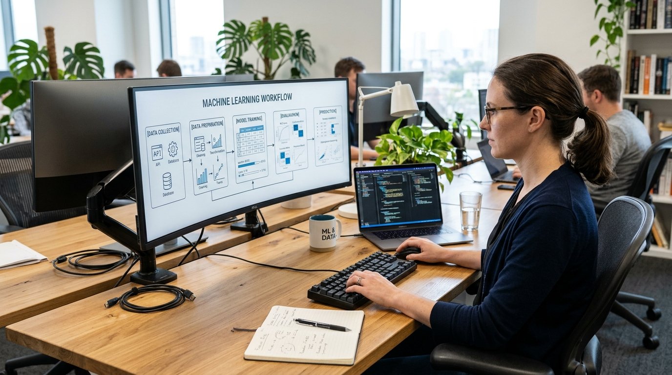 Machine learning workflow showing data processing, model training, evaluation, and prediction.