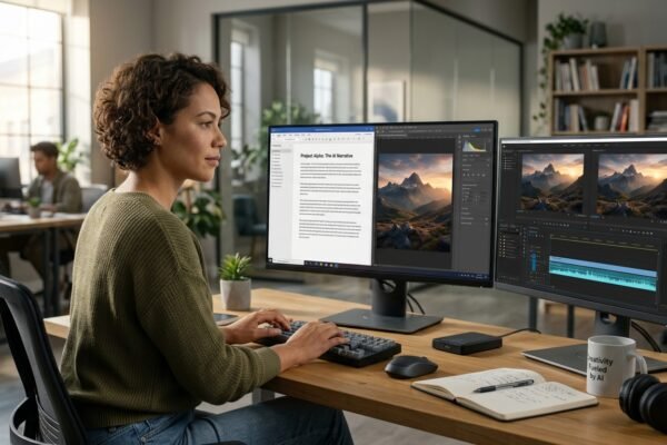 Generative AI machine learning creating text, images, and videos in a modern digital workspace.