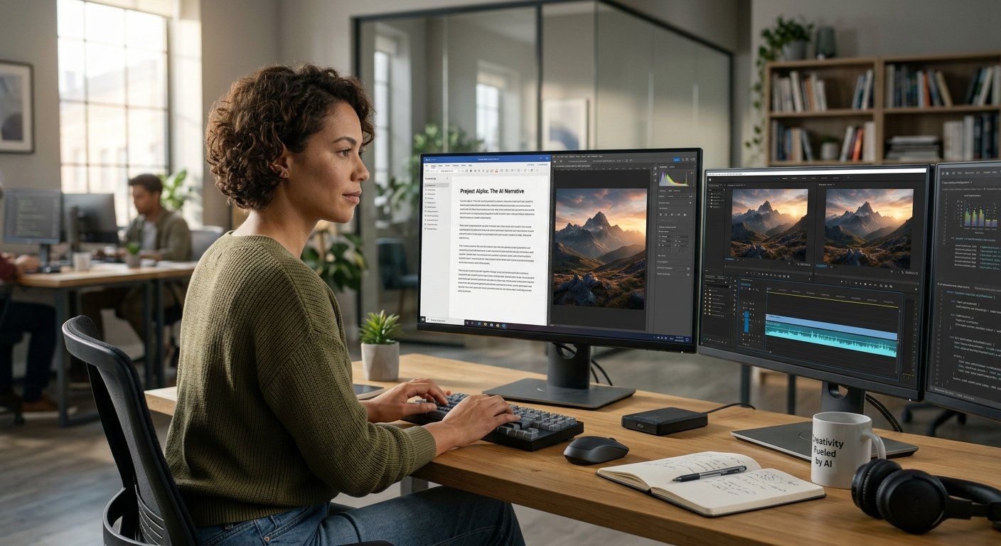 Generative AI machine learning creating text, images, and videos in a modern digital workspace.