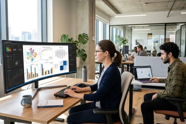 Machine learning data analysis displayed on computer screens in a modern technology office.