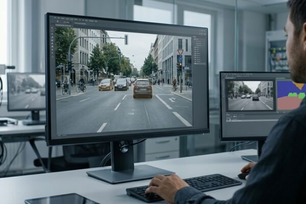 Computer vision in AI analyzing images and video on a monitor in a research laboratory.