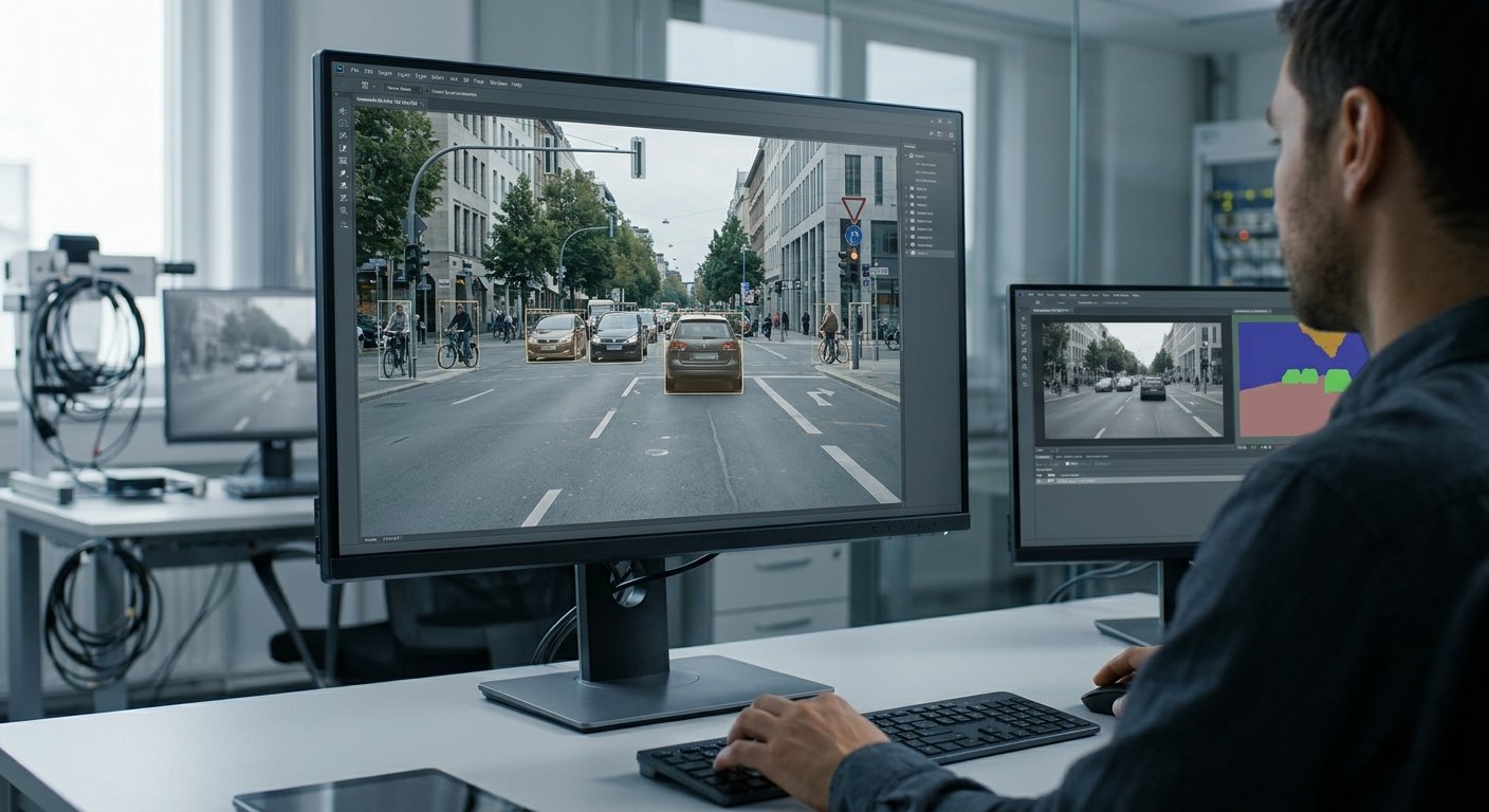 Computer vision in AI analyzing images and video on a monitor in a research laboratory.