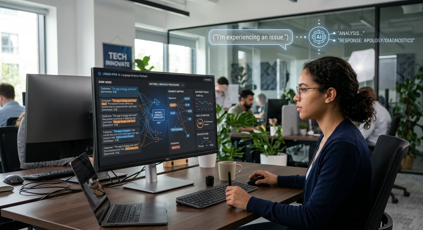 AI-powered natural language processing system analyzing human language on a computer screen.
