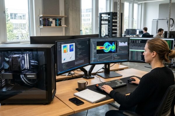 Multiple processor cores working together to process complex computational tasks in a modern computer workstation.