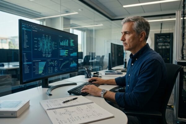 AI alignment researcher examining AI safety and neural network visualizations in a modern laboratory.