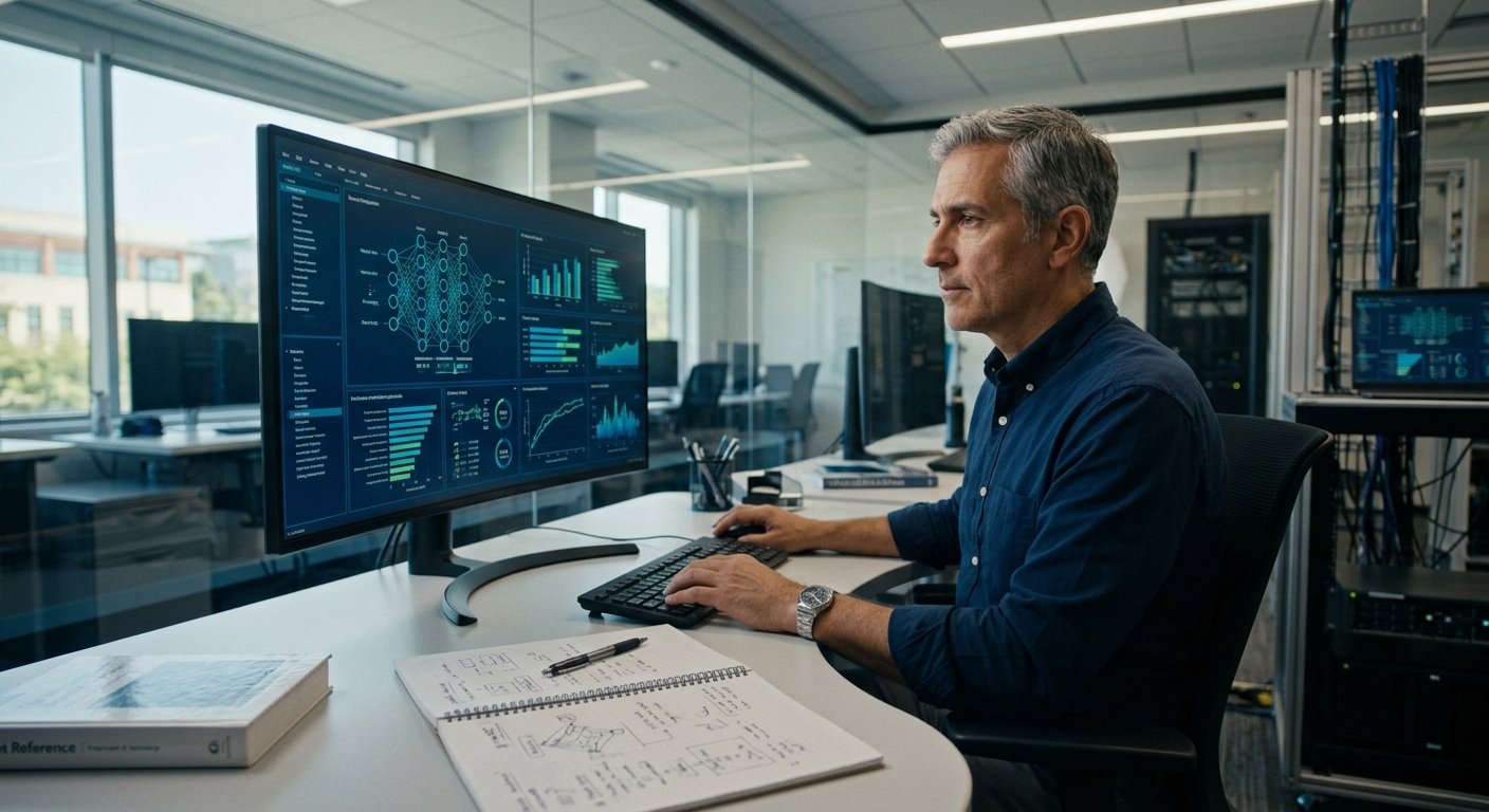 AI alignment researcher examining AI safety and neural network visualizations in a modern laboratory.
