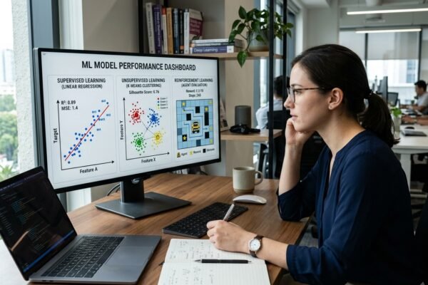 Three types of machine learning shown on a computer dashboard