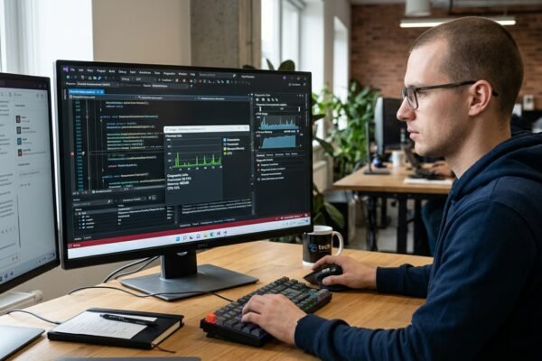 Developer debugging and optimizing a Windows application using Visual Studio performance and memory diagnostic tools.