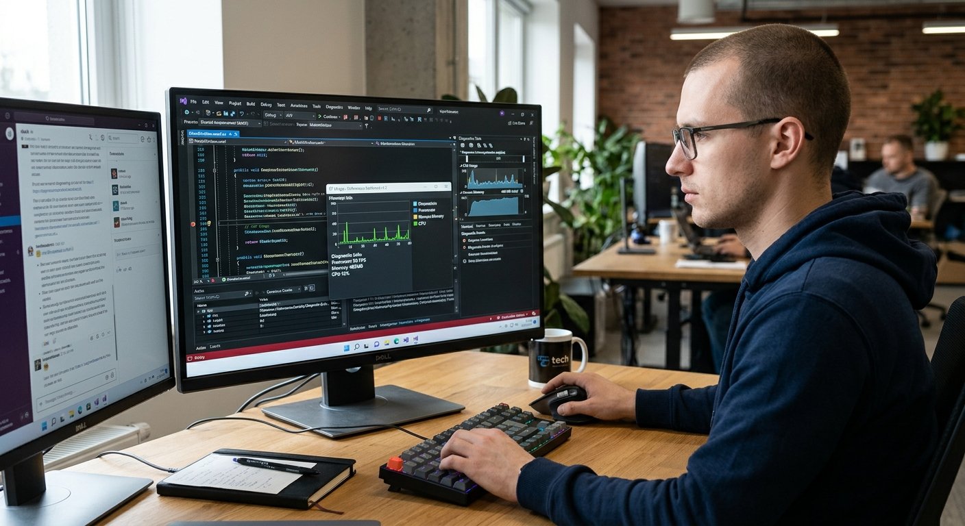 How to Debug and Optimize Windows Applications for Better Performance 6 Developer debugging and optimizing a Windows application using Visual Studio performance and memory diagnostic tools.