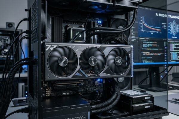 GPU installed in an AI workstation used for artificial intelligence and deep learning computations.