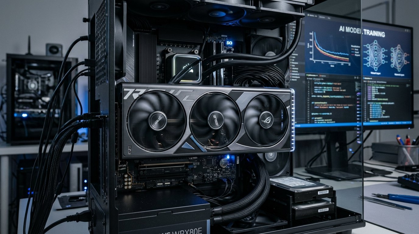 GPU installed in an AI workstation used for artificial intelligence and deep learning computations.