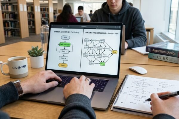 Greedy algorithms vs dynamic programming showing two approaches to solving computational problems.