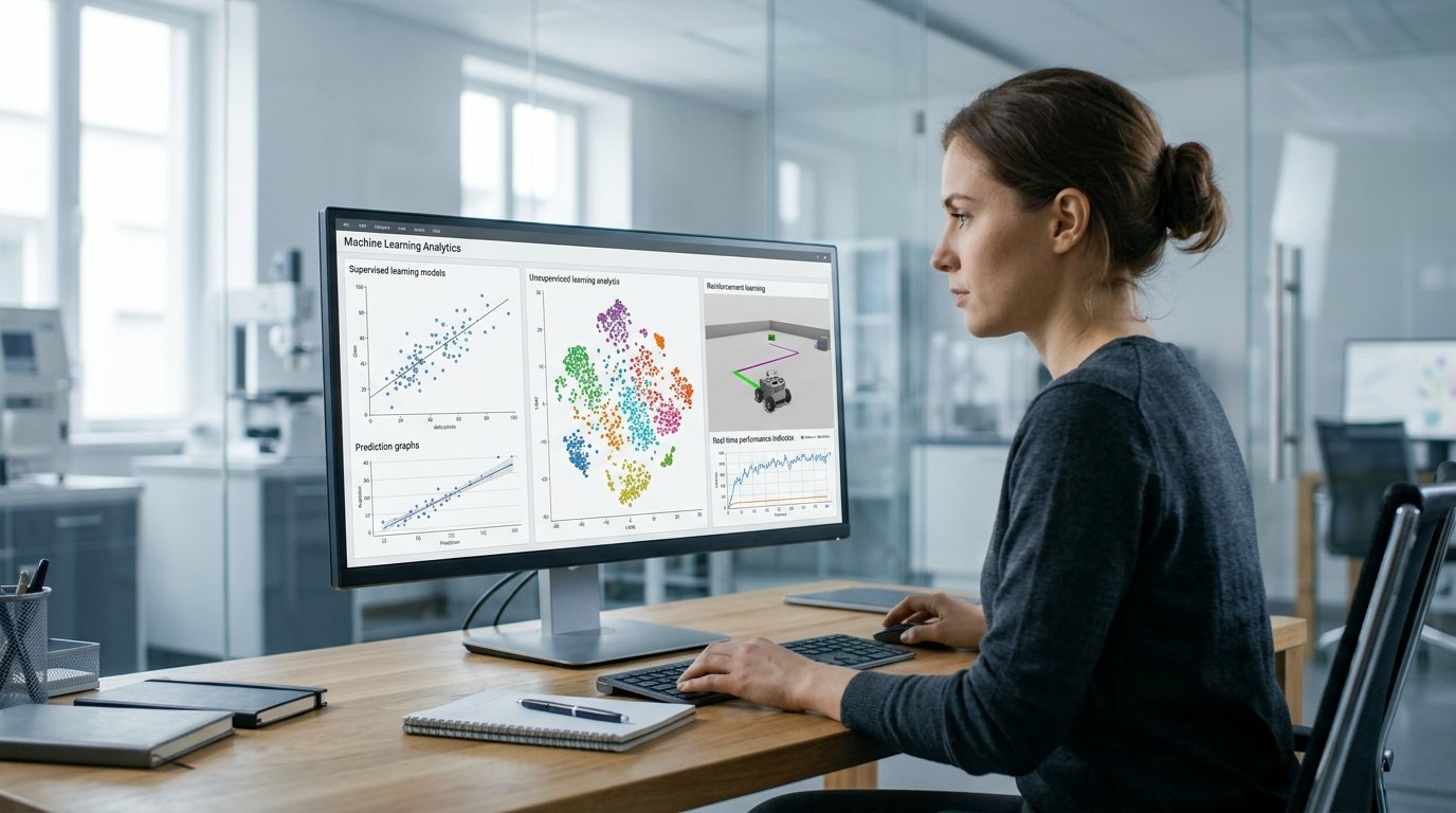 Types of machine learning illustrated through supervised learning, unsupervised learning, and reinforcement learning on a research workstation.