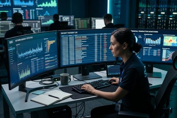 Cybersecurity analyst using data mining to detect cyber threats and fraudulent transactions.