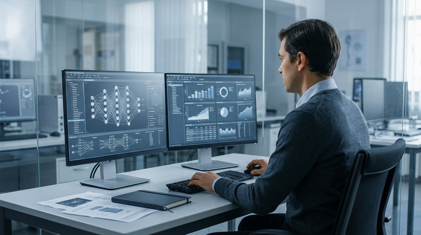 Artificial superintelligence research concept with an AI researcher examining advanced computing systems in a modern laboratory.