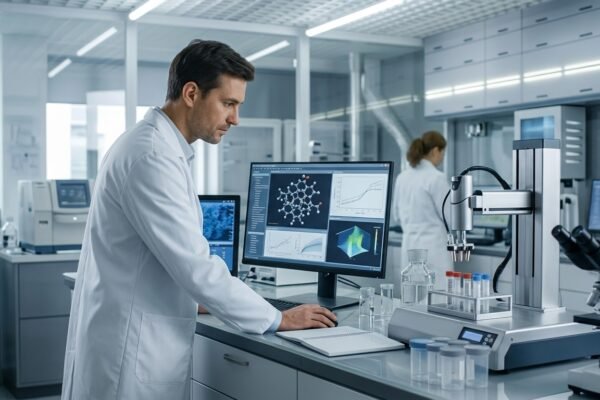Superintelligent AI helping scientists analyze research data in a modern laboratory