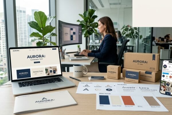 Modern branding workspace featuring logo concepts, color palettes, product packaging, and digital marketing tools