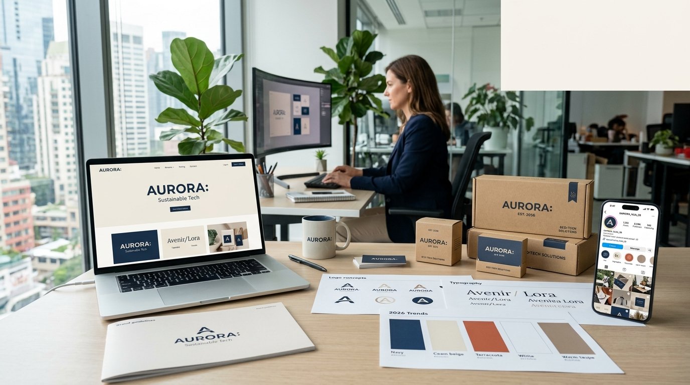 Branding Trends in 2026: 15 Strategies to Build a Memorable Brand and Stand Out From Competitors 2 Modern branding workspace featuring logo concepts, color palettes, product packaging, and digital marketing tools