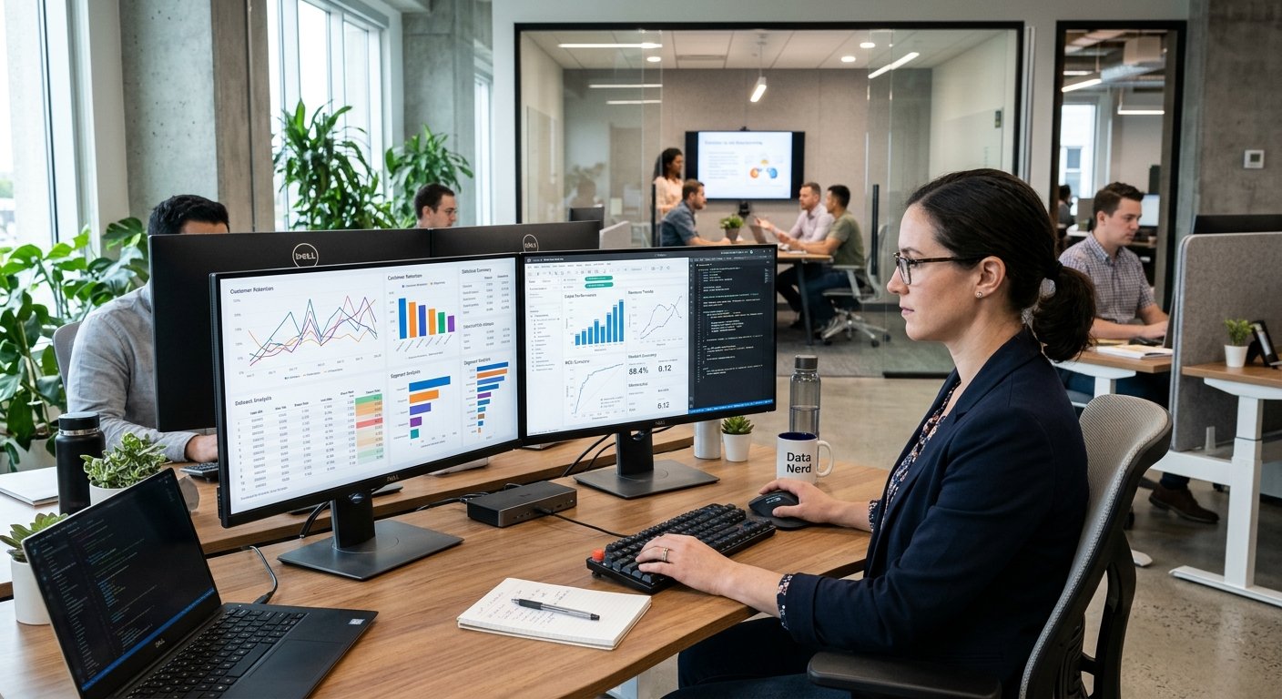 Data science professional examining data mining patterns, business analytics, and machine learning results on computer monitors.