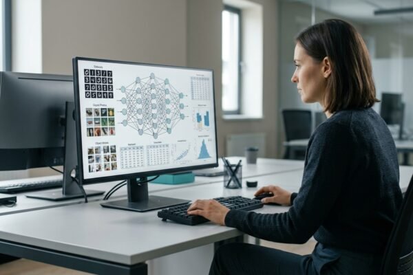 Deep learning neural networks analyze large datasets on a computer in an AI research laboratory.