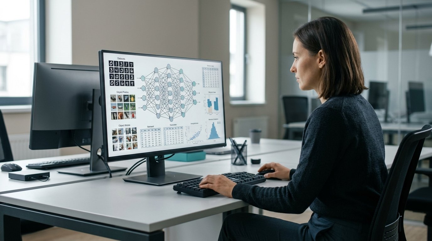 What Is Deep Learning? How Neural Networks Learn From Large Datasets 4 Deep learning neural networks analyze large datasets on a computer in an AI research laboratory.