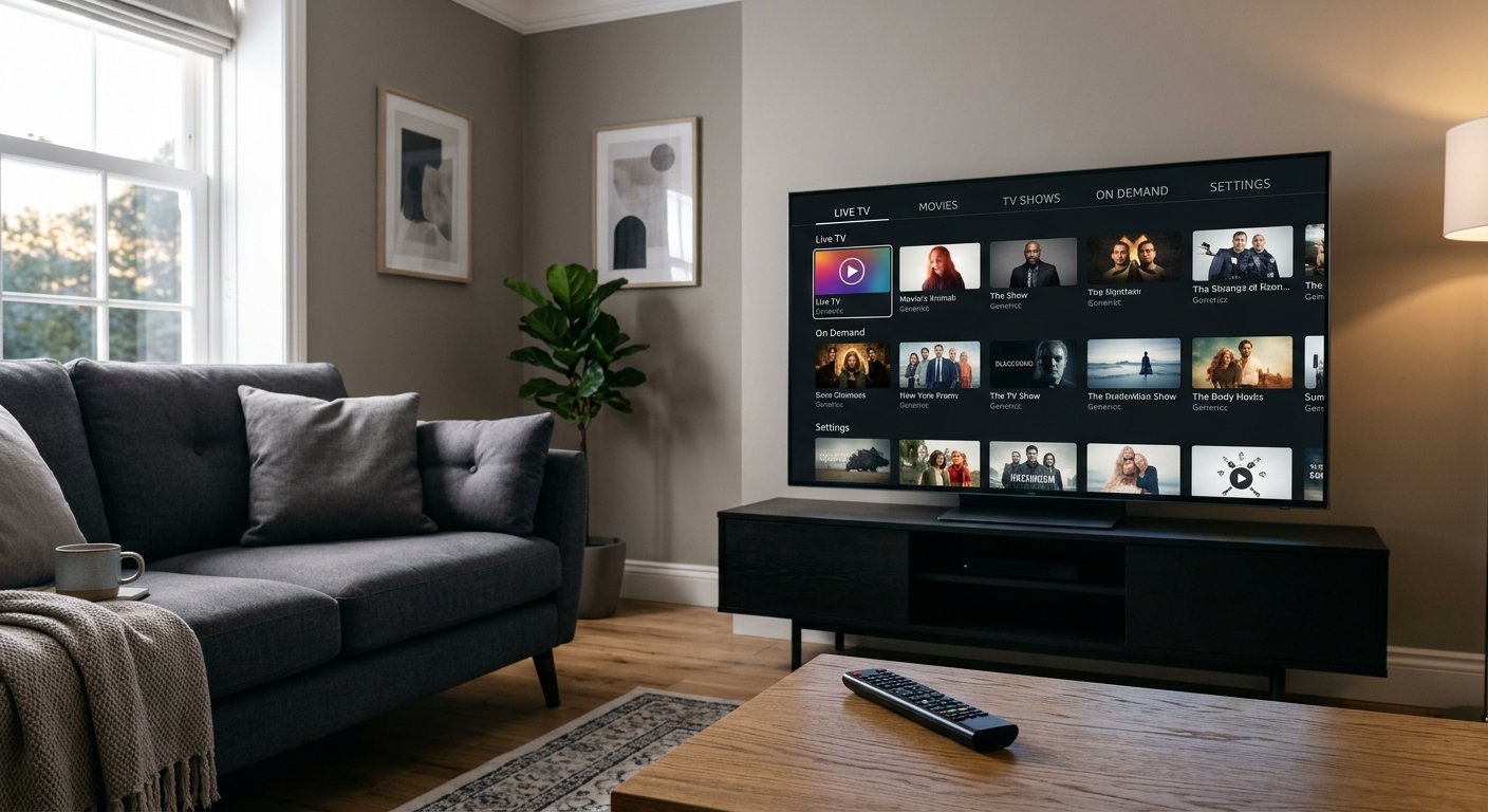 Best IPTV UK for Smart TVs: Compatible Apps and Streaming Options 2 IPTV UK streaming options displayed on a modern Smart TV in a contemporary living room.