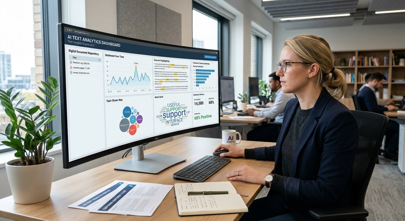 AI-powered text mining and natural language processing dashboard analyzing unstructured text data.