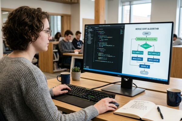 Computer science student working on programming code and an algorithm flowchart.